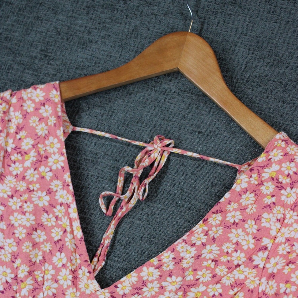 Altar'd State Alyssa Pink Daisy Floral V-Neck Mini Dress Short Puff Sleeve Small